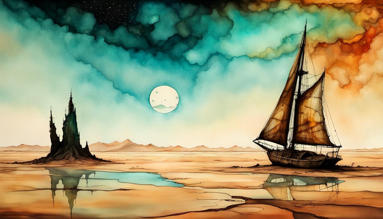 Steampunk Sailboat Adrift in an Alcohol Ink Desert