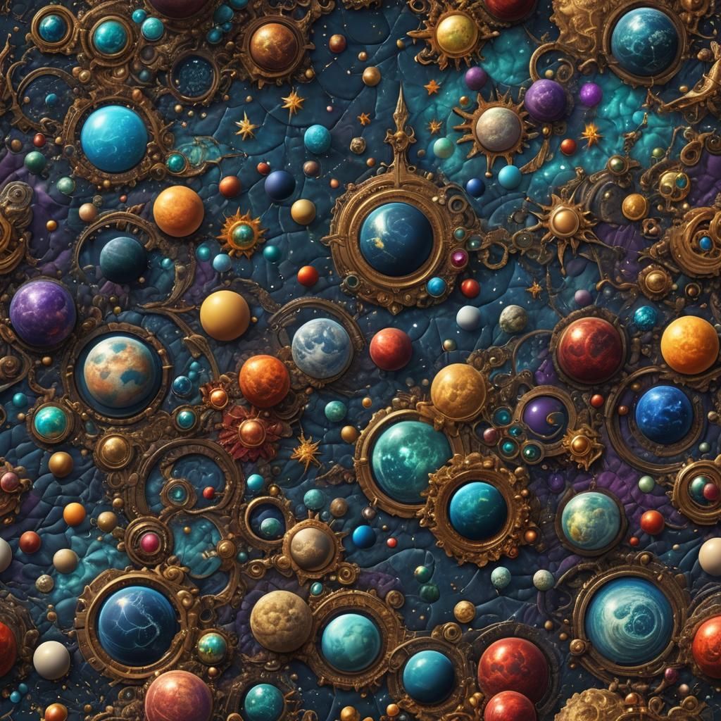 Quilted Universe: Detailed Matte Painting in Deep Color