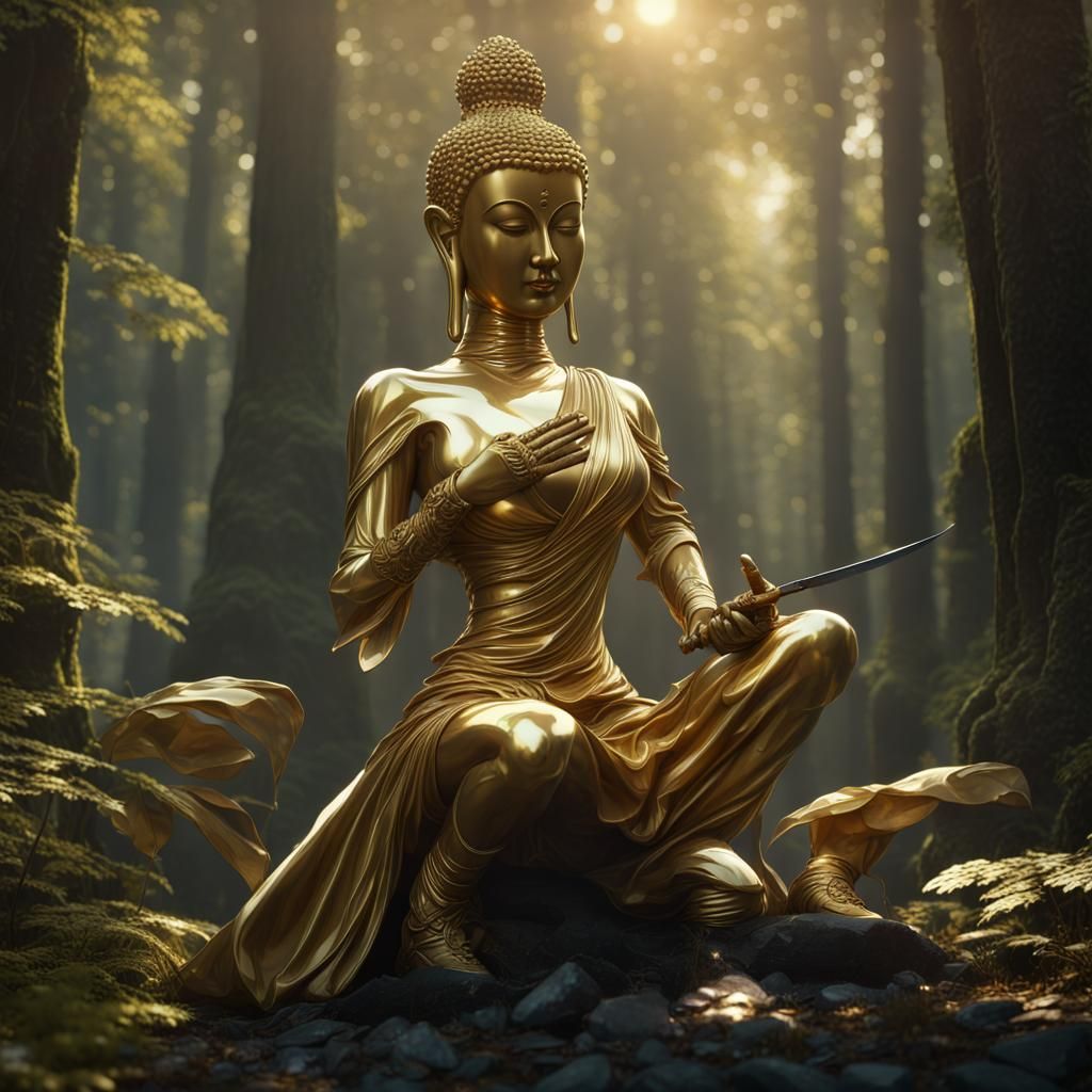 Female Gold Buddha Statue in Forest: Dark Fantasy Art