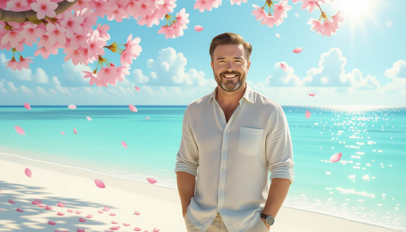 Ricky Gervais on Tropical Beach with Cherry Blossoms