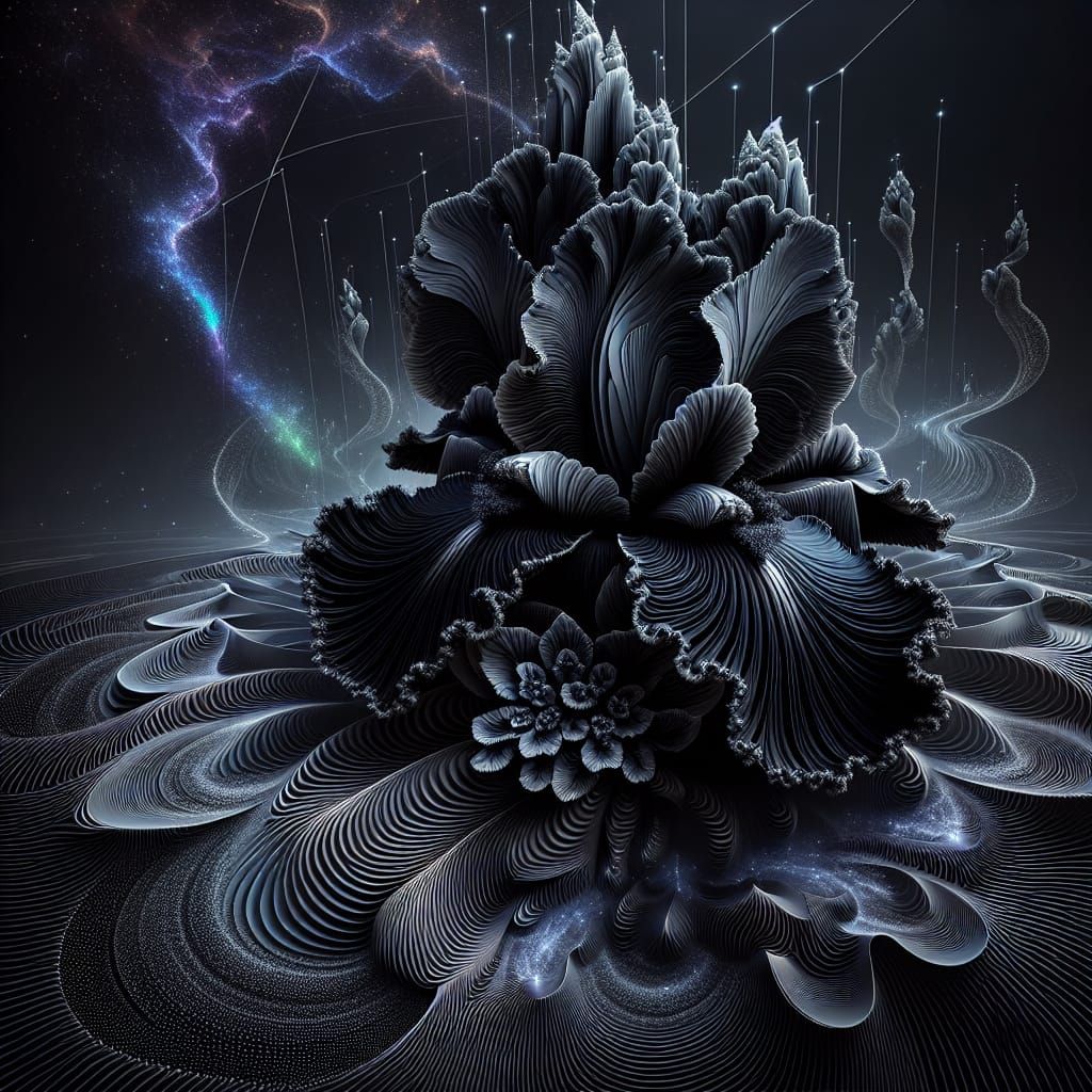 Ethereal Black Iris in Cosmic Abstract Fractal Style