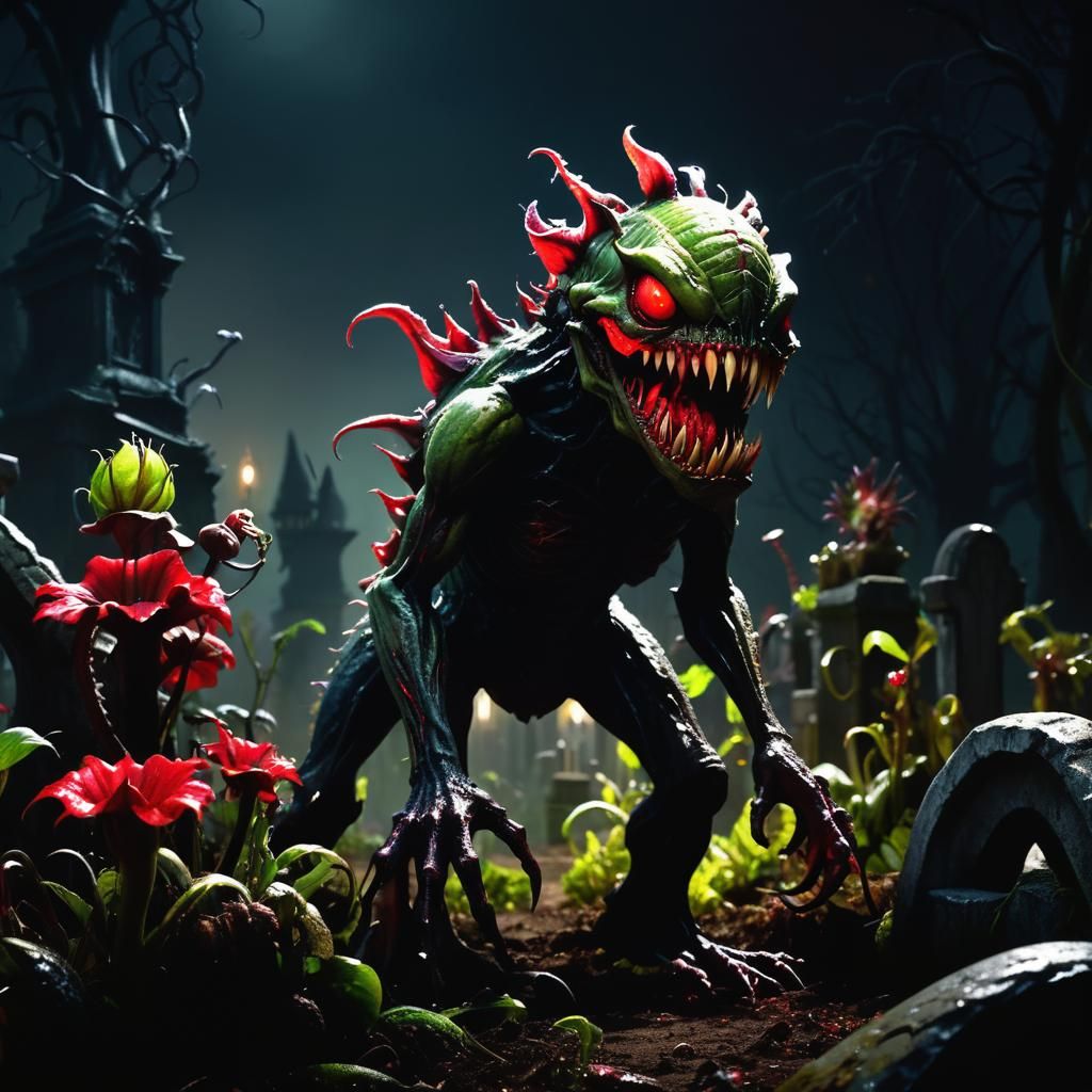 Terrifying Monster in Graveyard with Evil Faeries