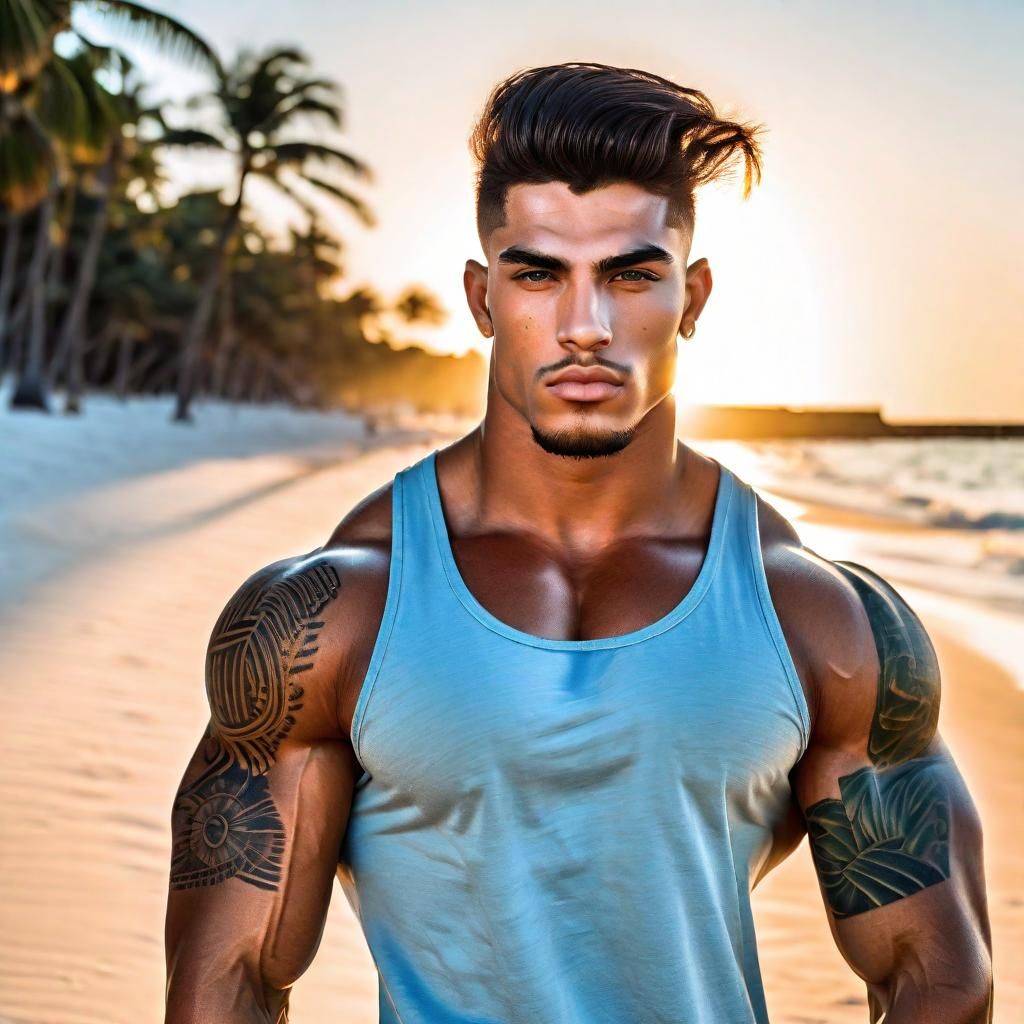 Tropical Beach Sunrise with Handsome Muscular Man