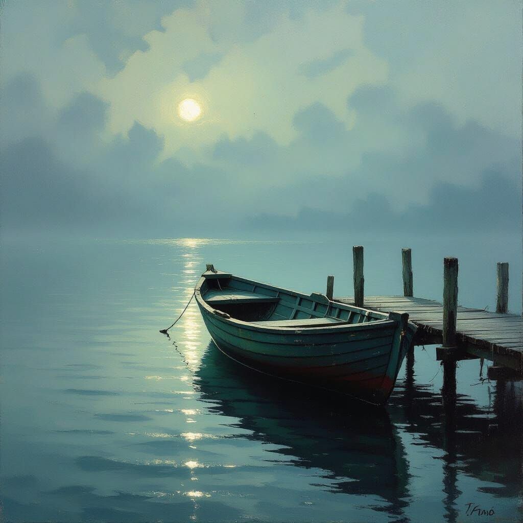 Solitary Boat on Dock in Ethereal Blue-Green Atmosphere