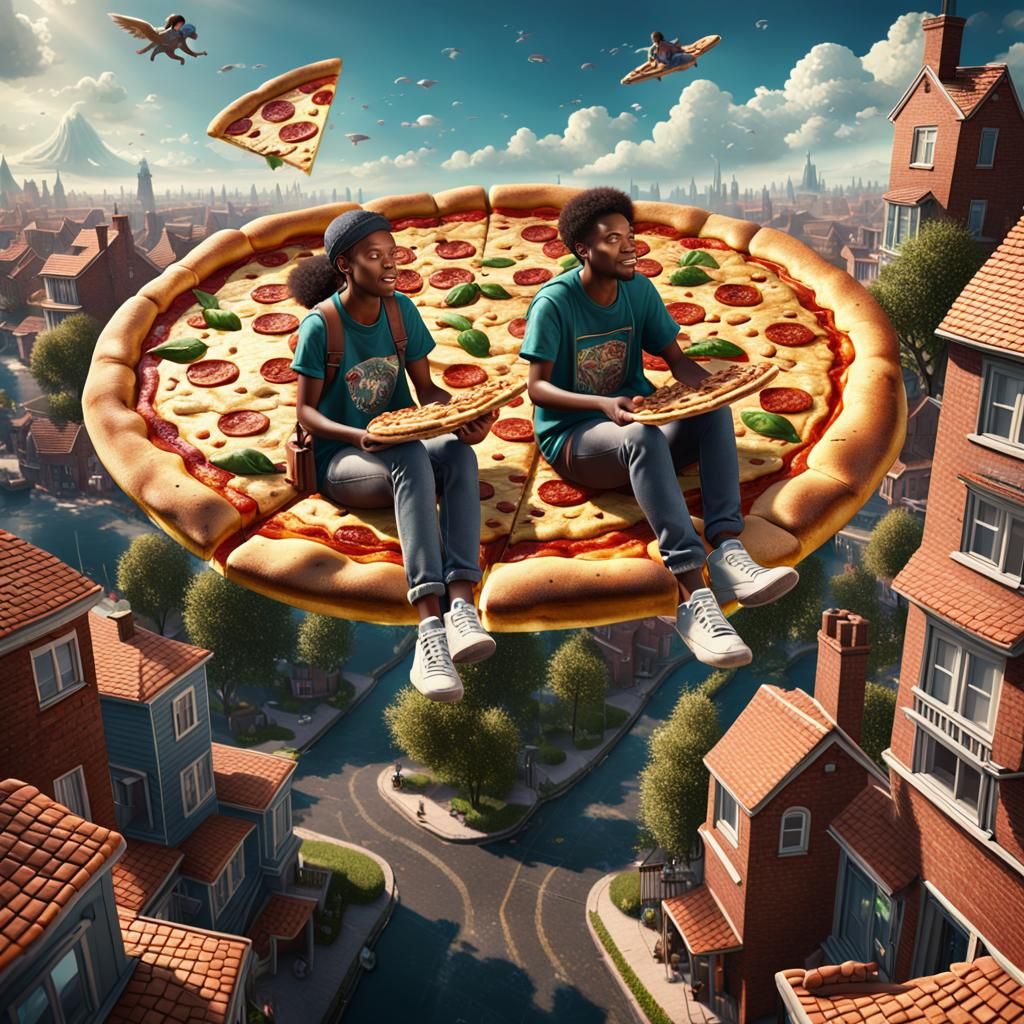 People Ride Flying Pizza in Detailed Matte Painting