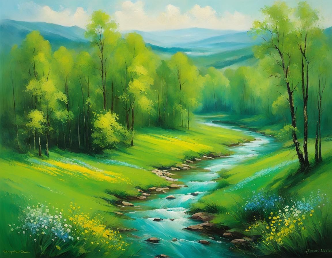 River Meanders Through Spring Meadows: Oil Painting