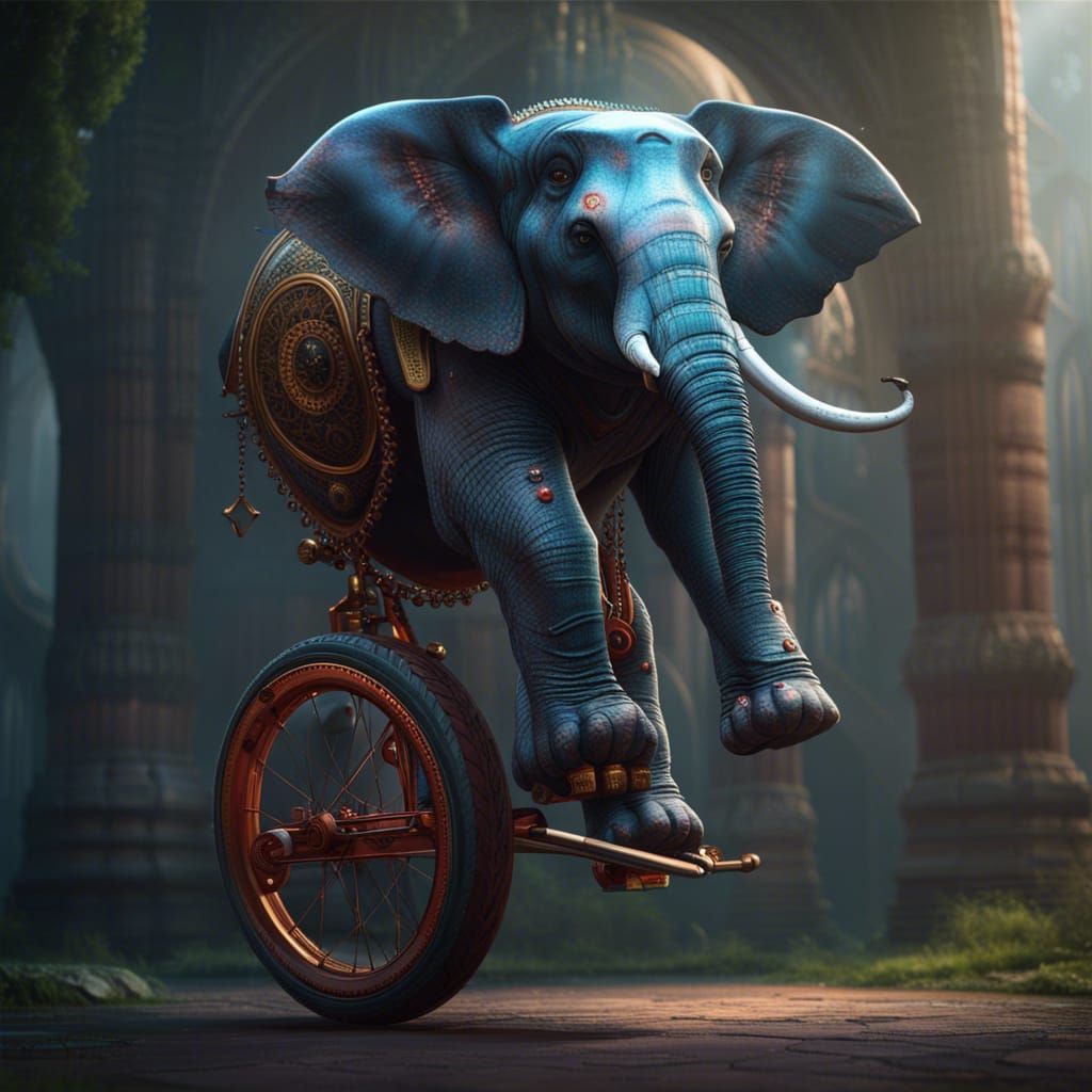 Elephant on Unicycle: Detailed Fantasy Concept Art