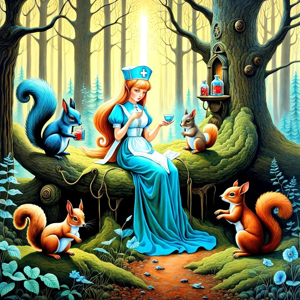 Fairy Nurse Helps Squirrel: Whimsical Ink Illustration
