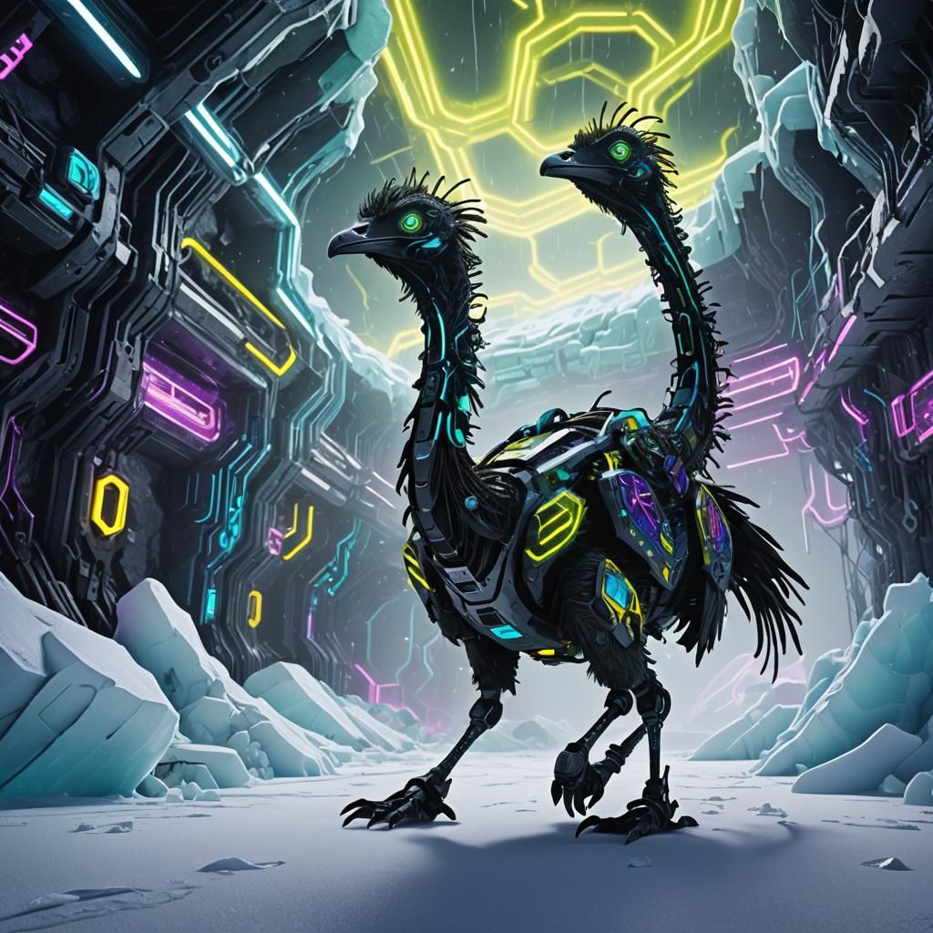 Cyberneticist's Flight: Decopunk Emu Chase on Glacier