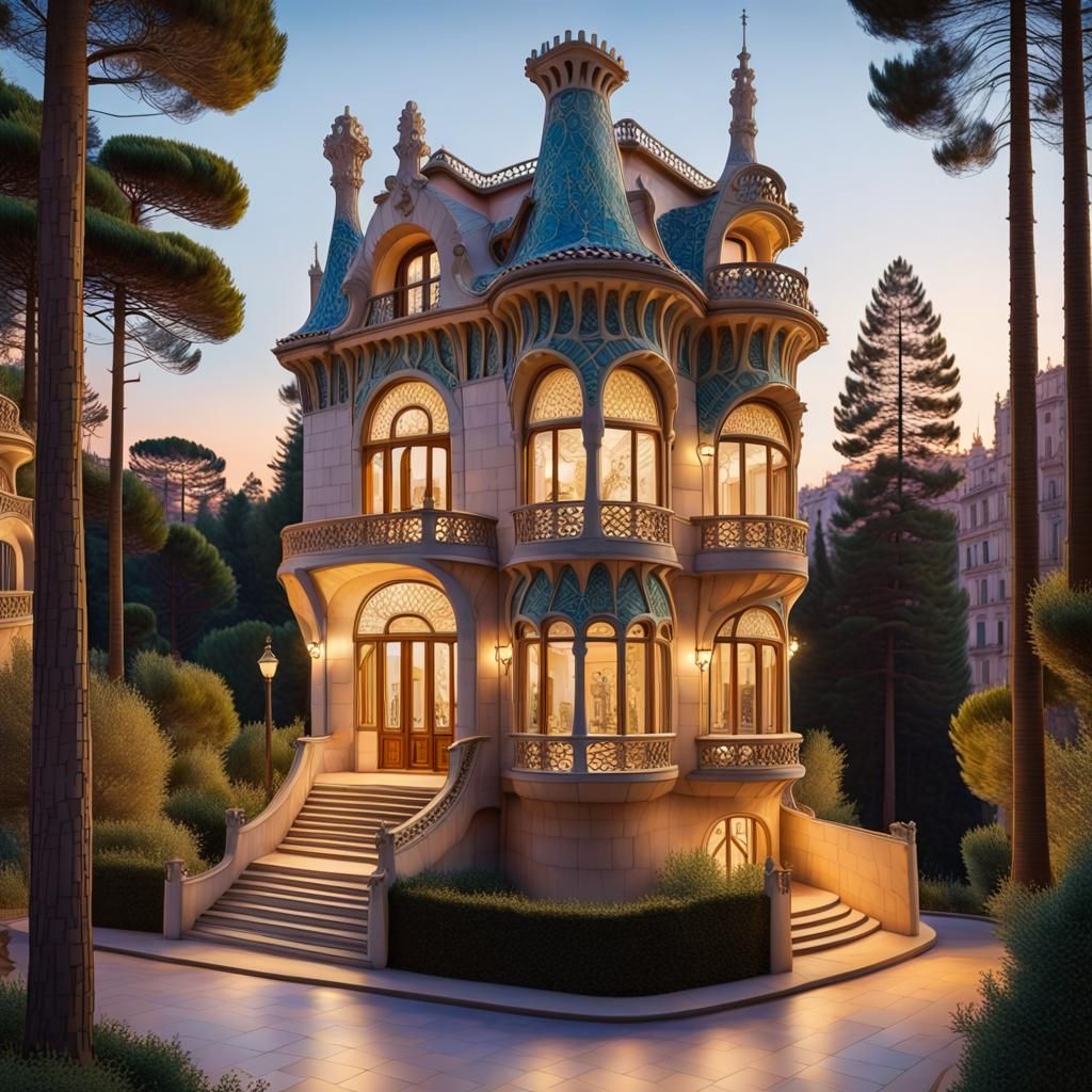 Gaudí Villa in Barcelona: Art Nouveau Architectural Sketch