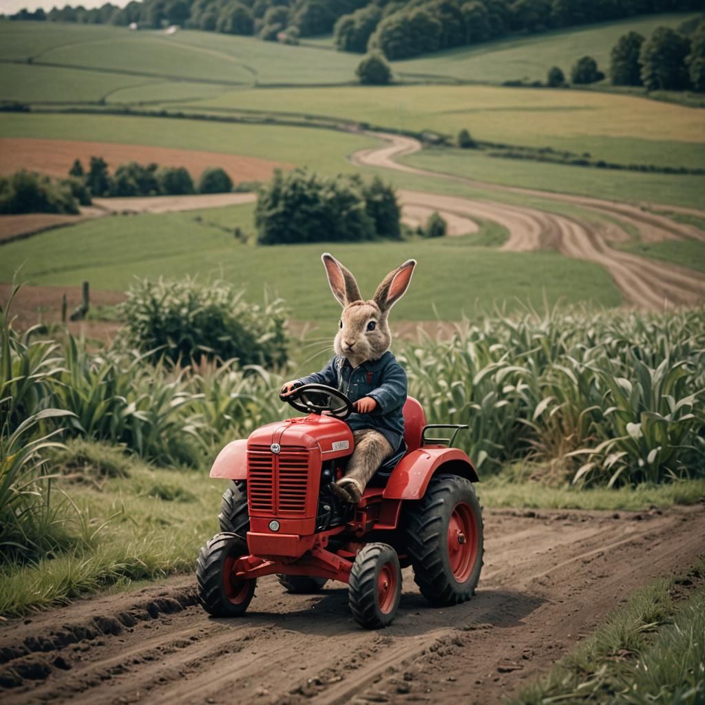 Bunny on Red Tractor: Cinematic Film Still