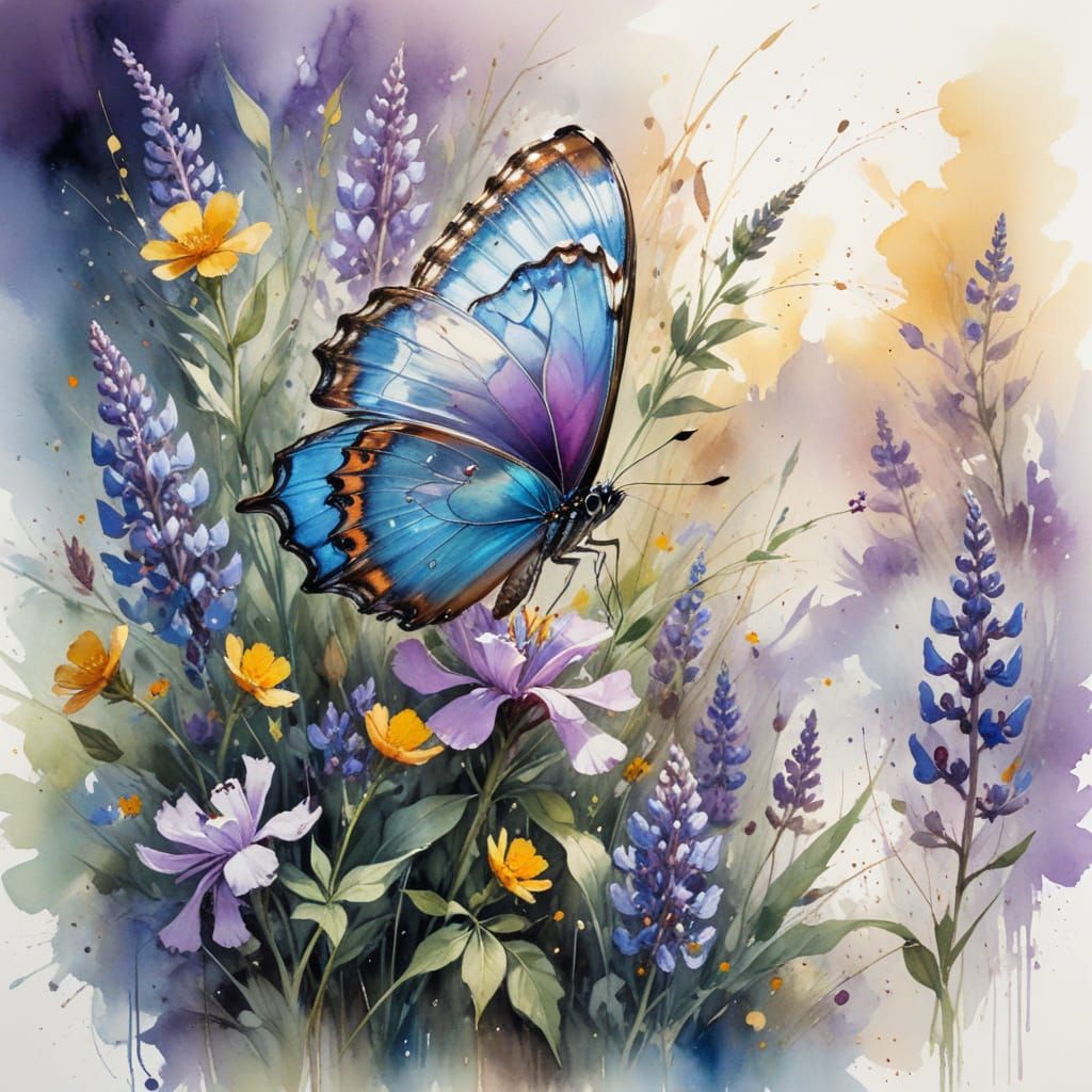Alpine Meadow with Blue Morpho Butterfly, Watercolor Style