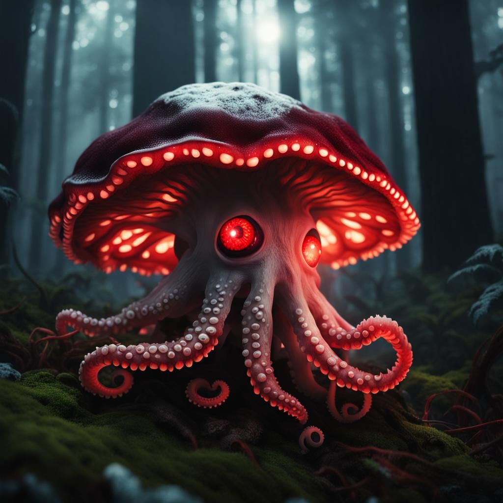 Eldritch Mushroom Horror in Misty Forest