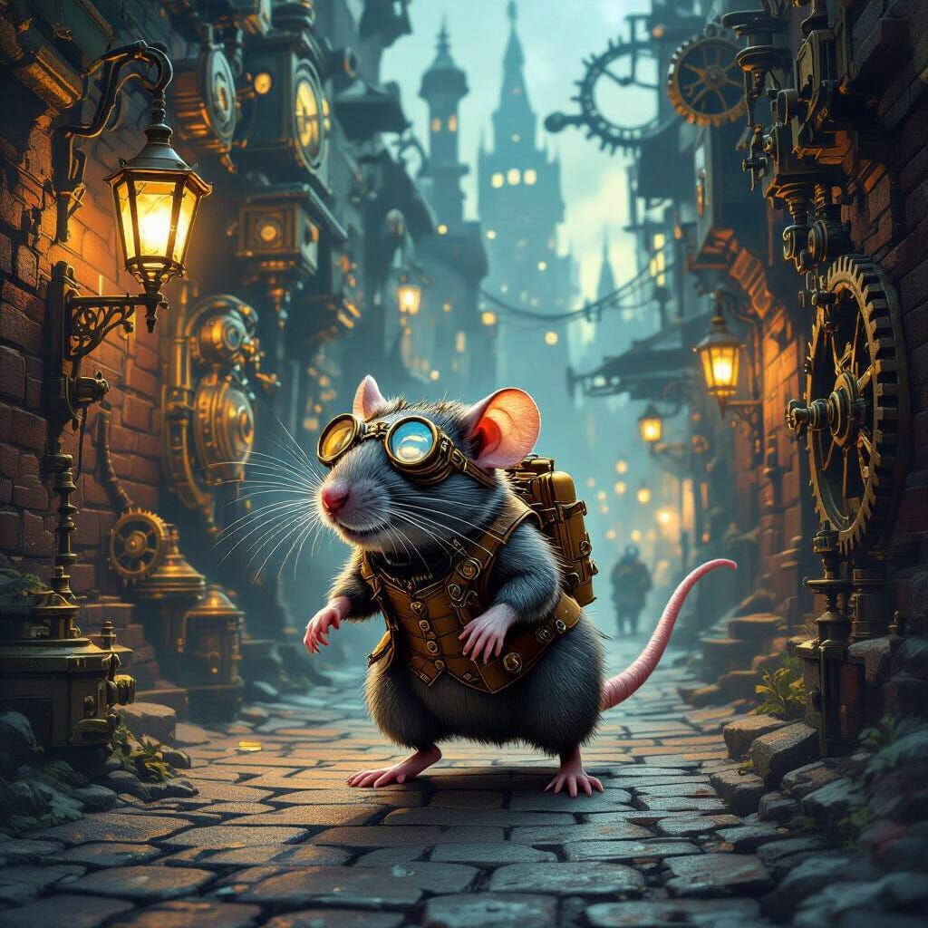 Steampunk Rat Navigating a Clockwork City