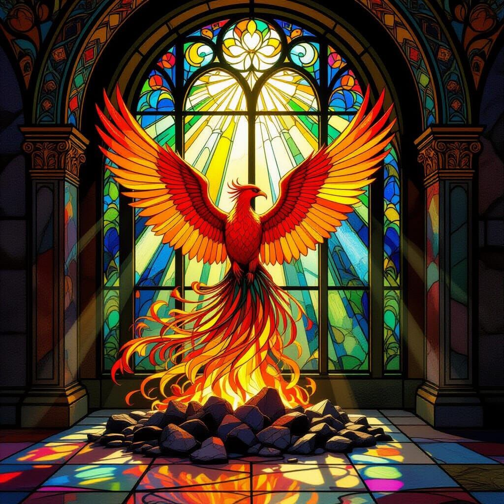 Phoenix Rising in Art Nouveau Stained Glass
