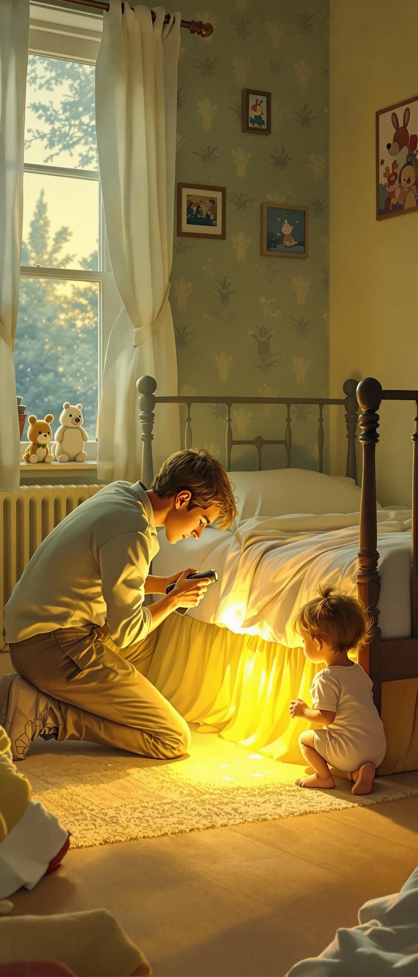 A Parent's Quiet Moment of Wonder in a Cozy Suburban Bedroom