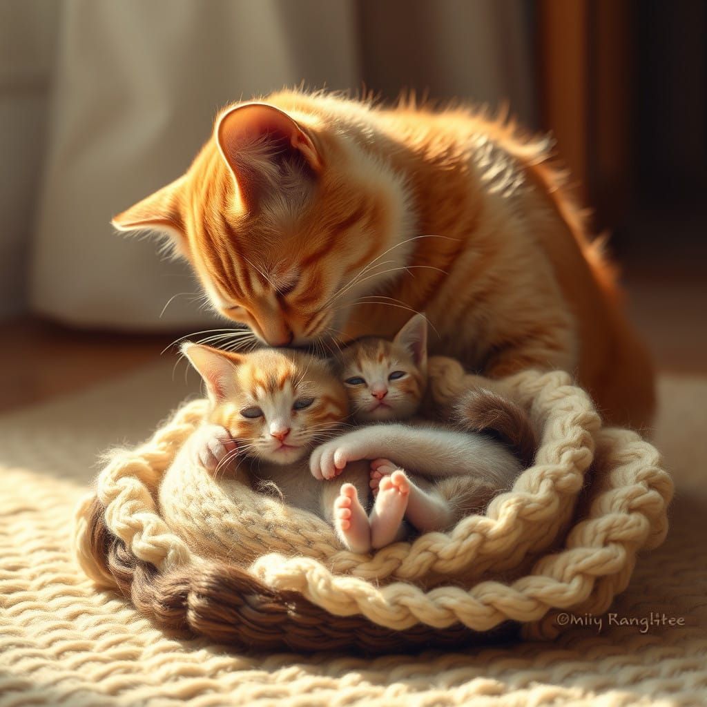 Mother Cat Gently Licks Kitten's Head in Cozy, Warm Scene