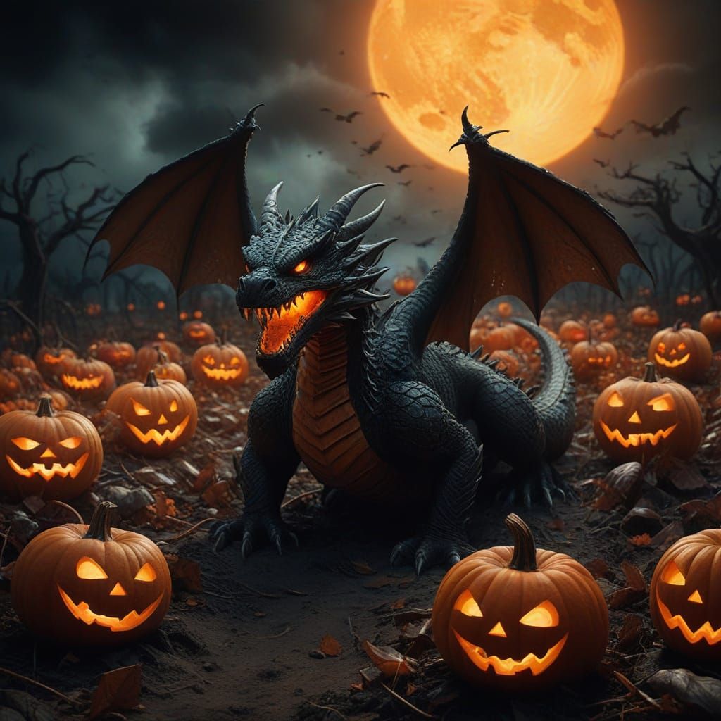 Dragon Emerging From Halloween Pumpkin Patch