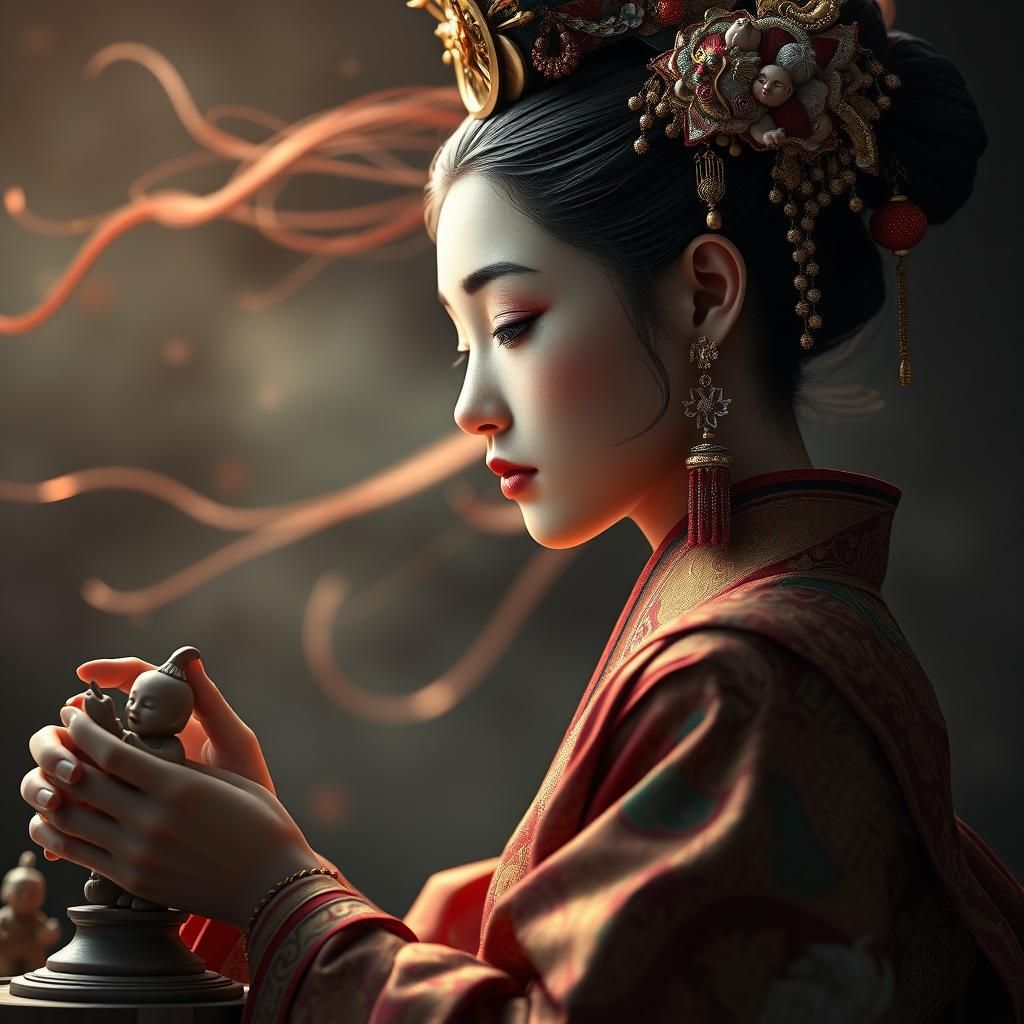 Nuwa Sculpting Humanity in Ornate Kimono