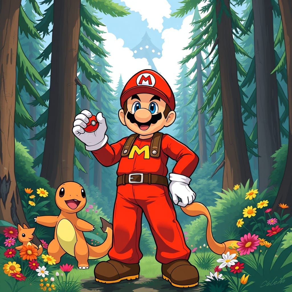 Fire-Type Pokémon Trainer in Vibrant Forest Landscape