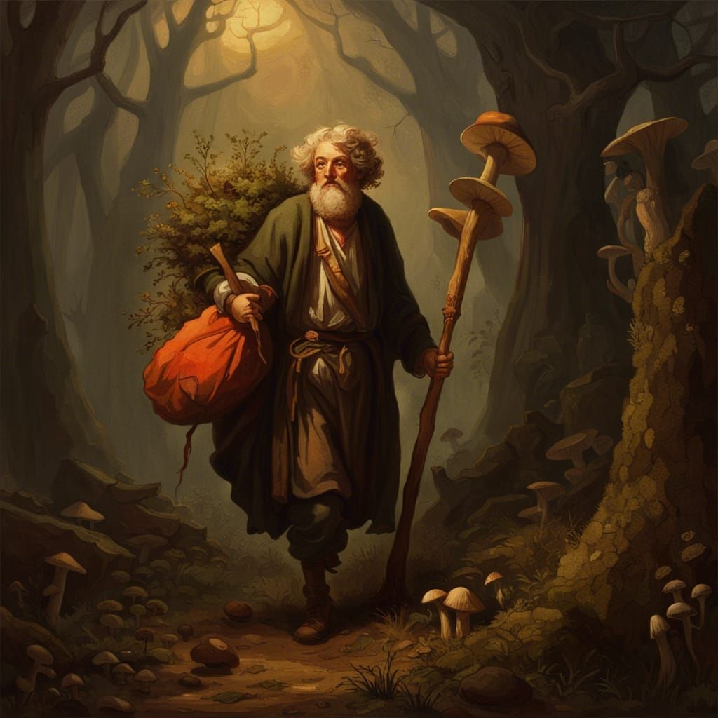 Cleric in Mushroom Forest: Rembrandt-Style Portrait