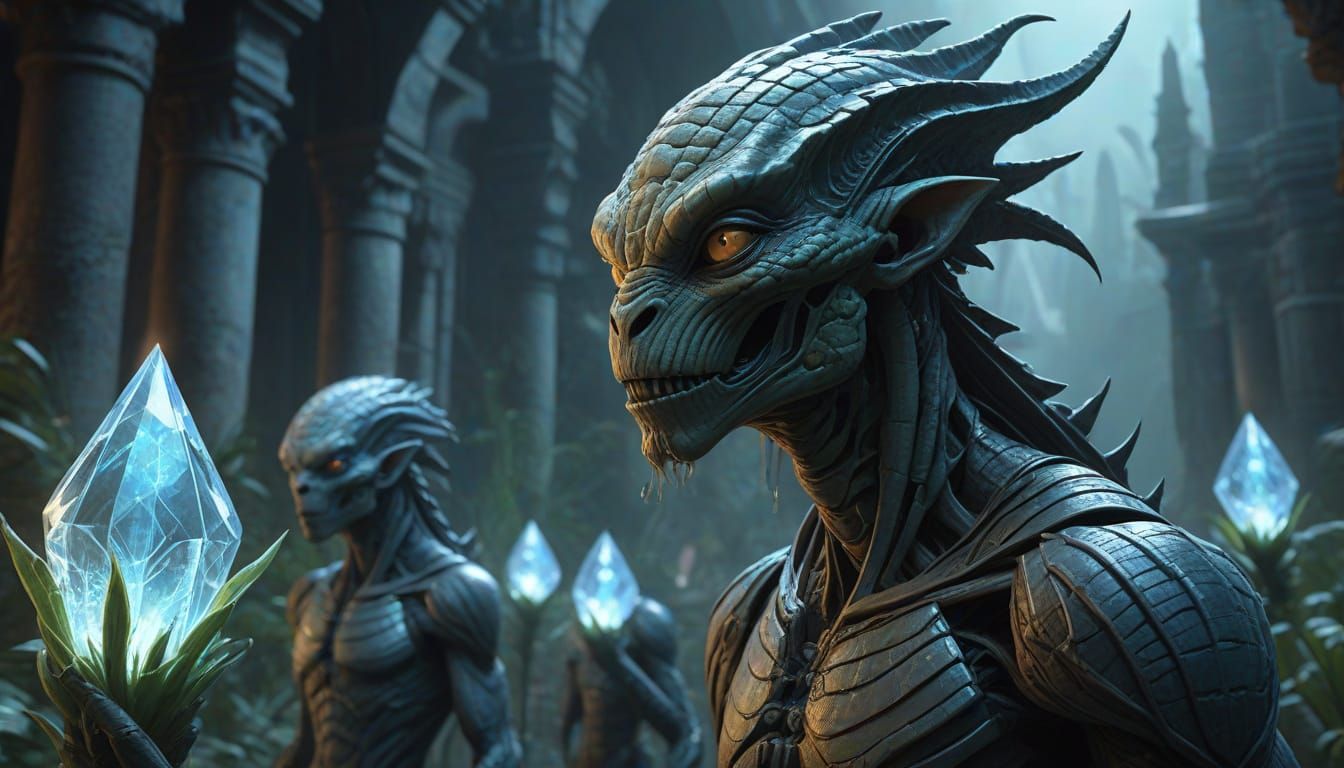 Scaly Humanoid Aliens Gather Around Crystal