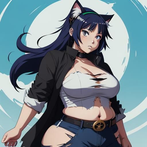 Curvaceous Anime Girl with Cat Features in Manga Style