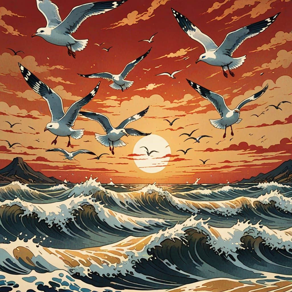 Seagulls Soaring Over Waves in Ukiyo-e Style
