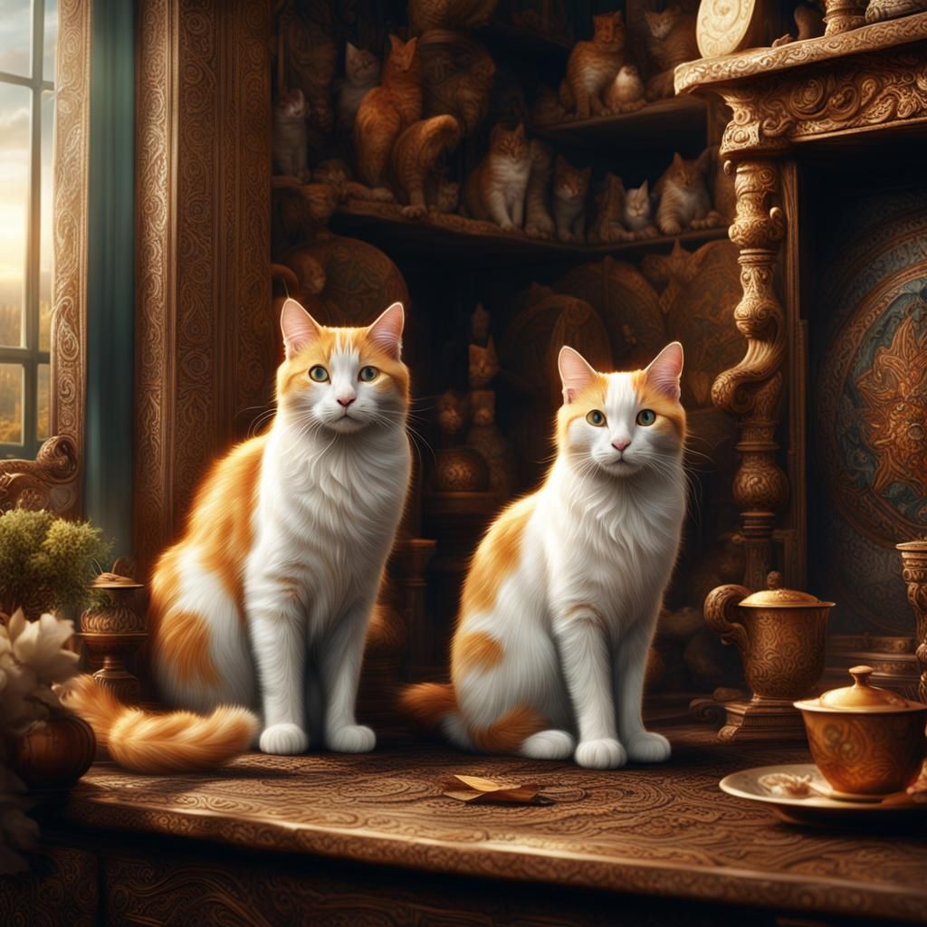 Ginger and White Cats in Digital Painting
