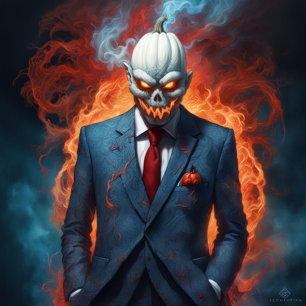 Pumpkin Head in Fiery Suit, Digital Art