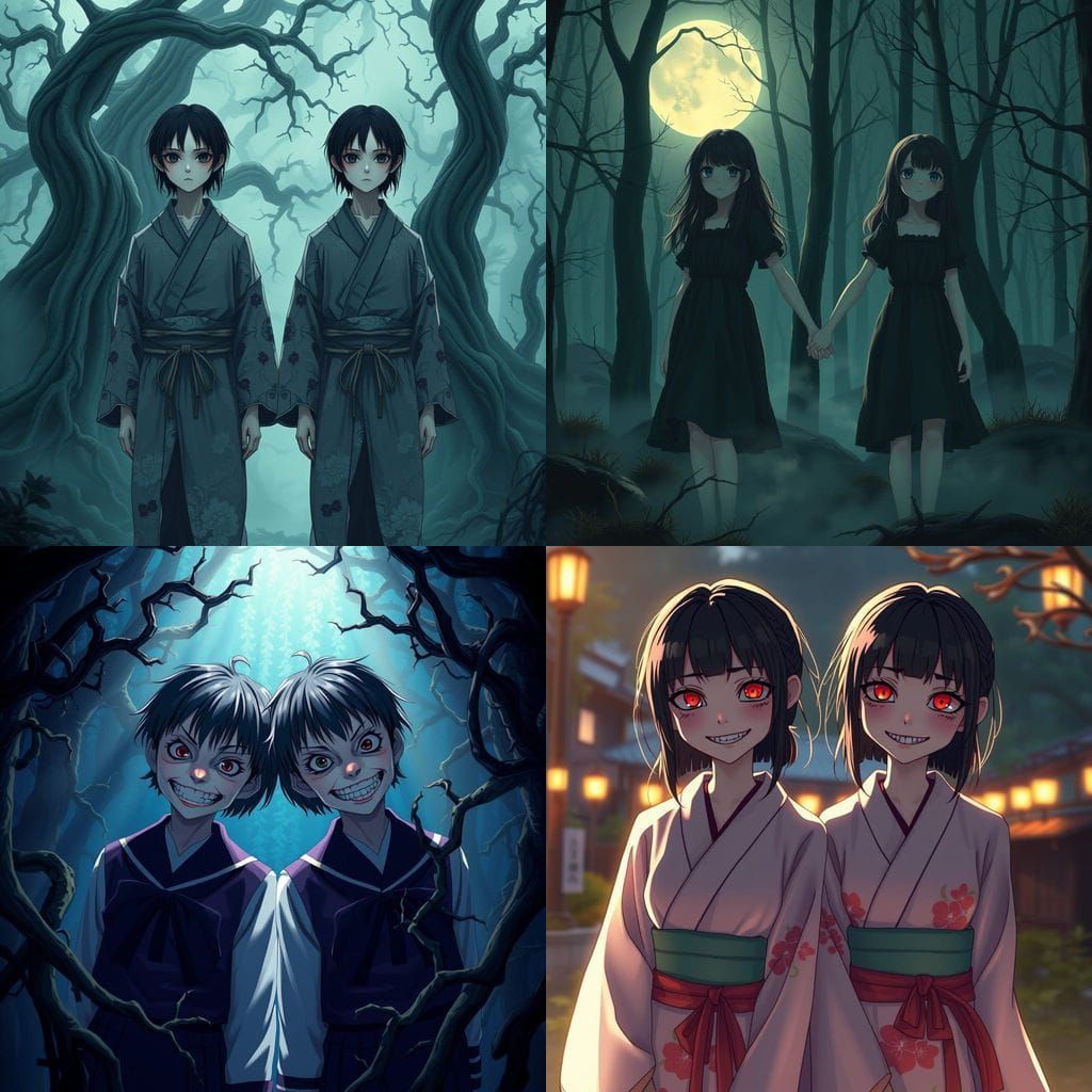 Mysterious Anime Twins in Vibrant Studio Ghibli Style