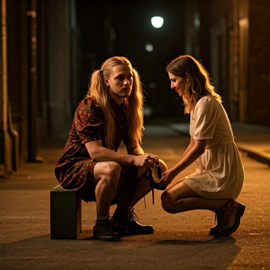 Young Man in Elegant Brolita Dress, Surrounded by Urban Stre...