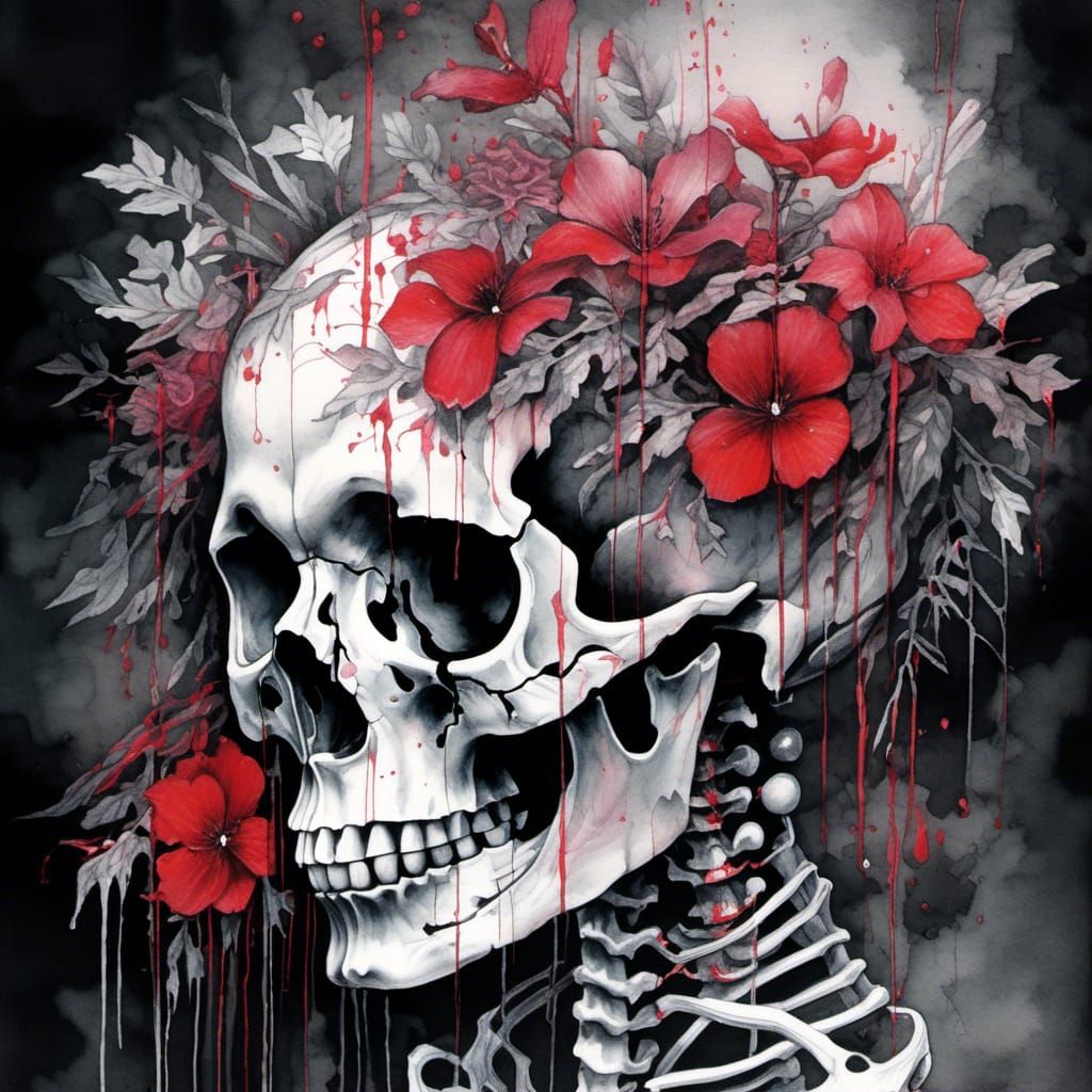 Watercolor Skull with Red Flowers in Forest