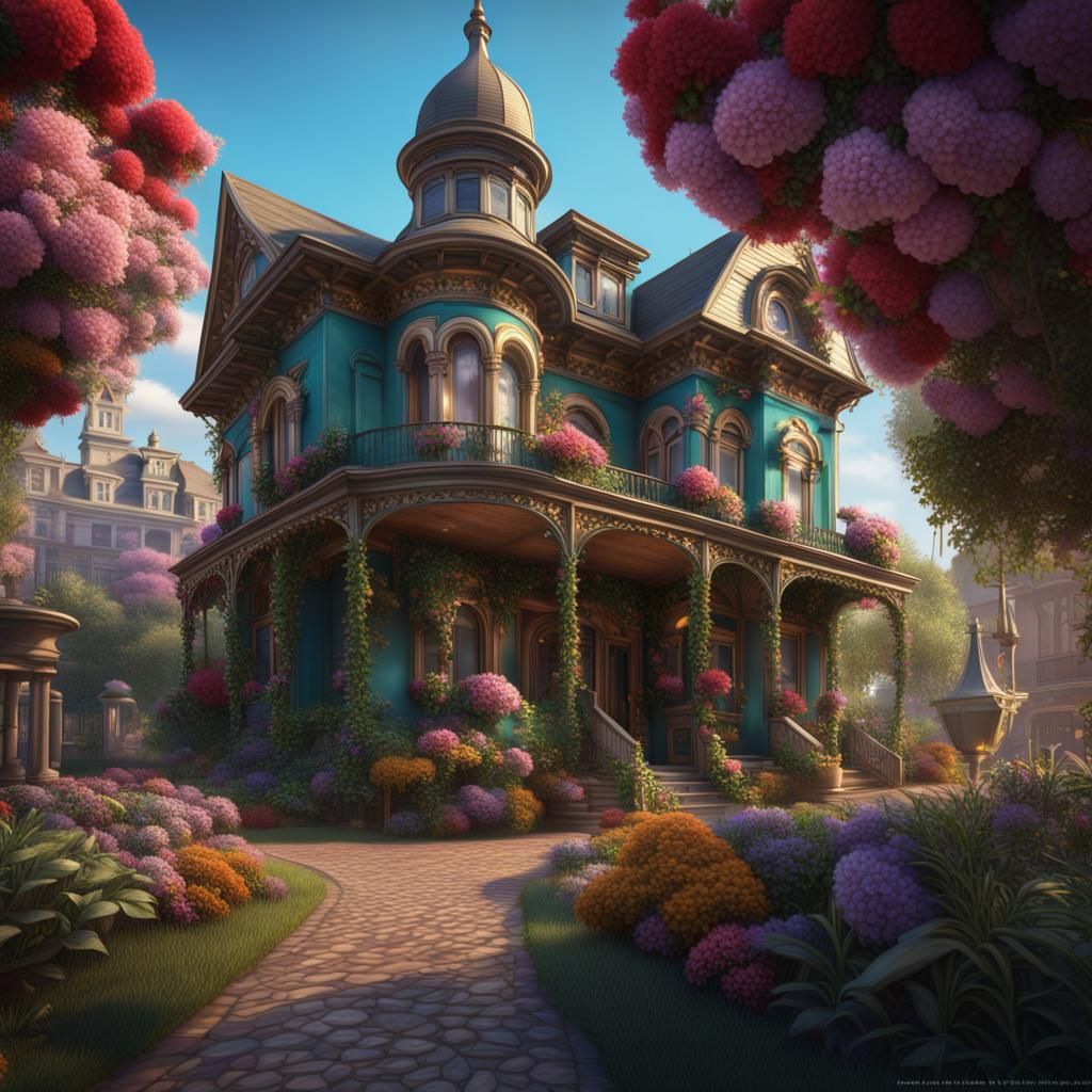 Victorian, Venetian, Mardi Gras style house landscaped with colorful flowers and shrubs.