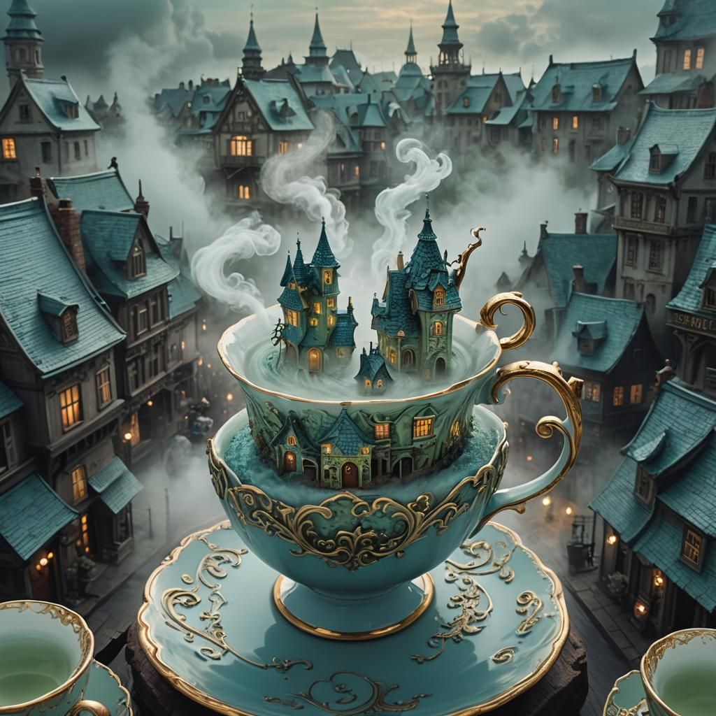 Town in Teacup: Surreal Dreamlike Fantasy Art