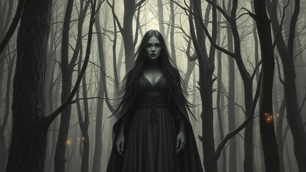 Mystical Priestess in Twilight Forest: Charcoal Drawing