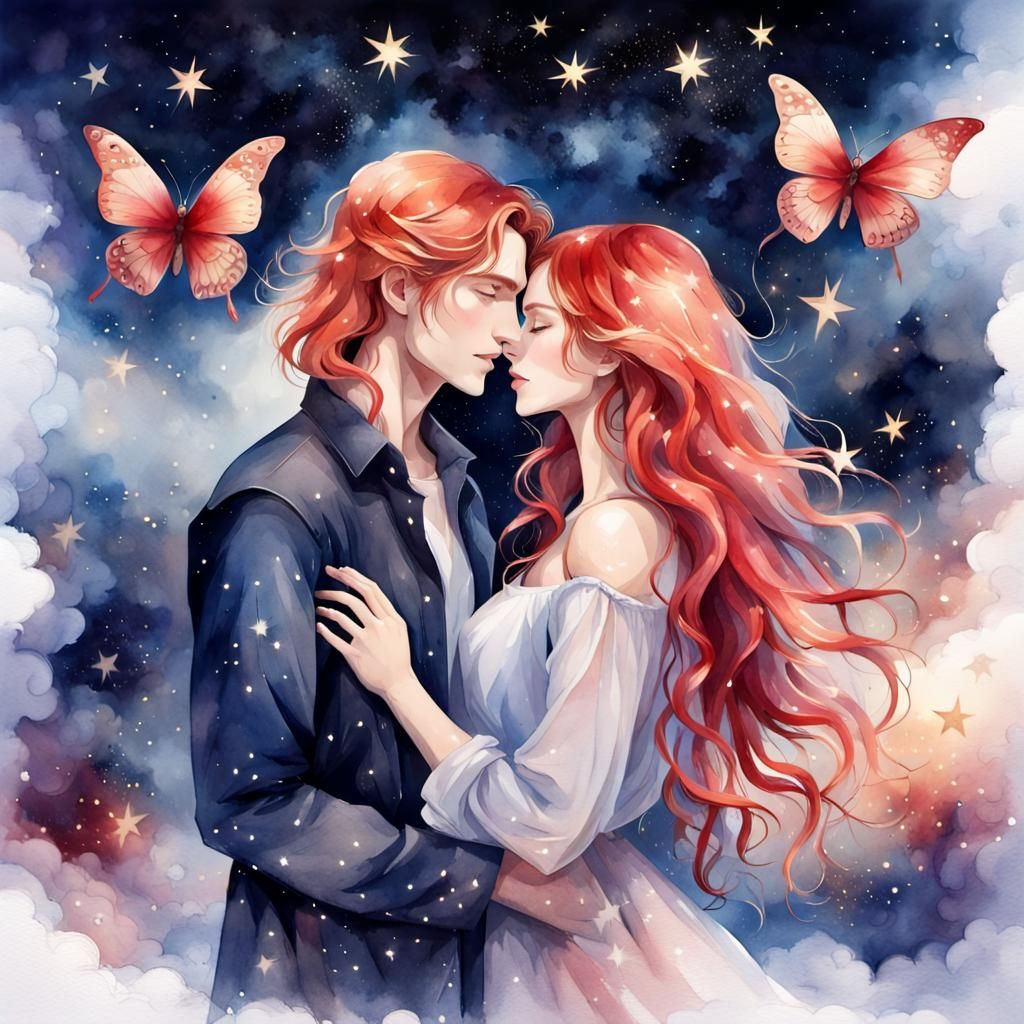 Lovers Enclosed by Butterfly of Stars in Watercolor