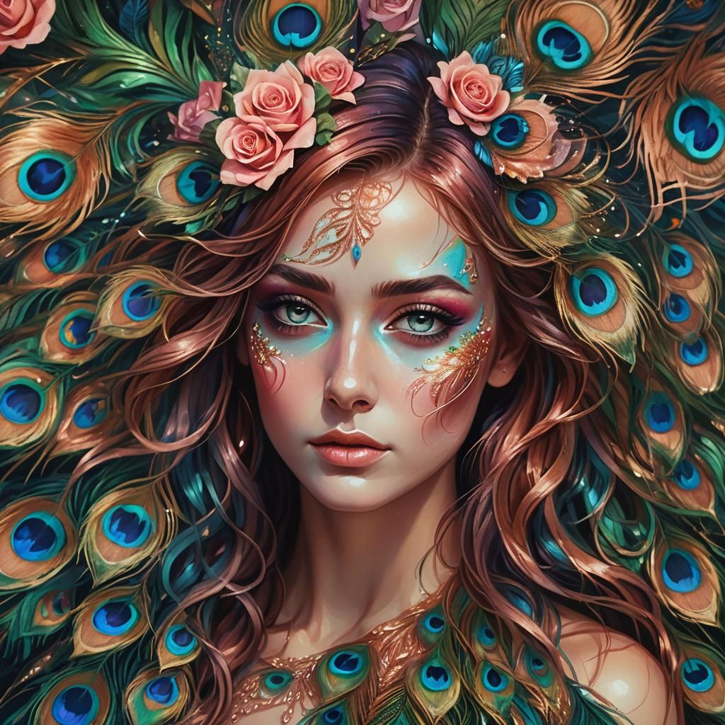 Rainbow Woman with Peacock Feathers: Vibrant Oil Painting