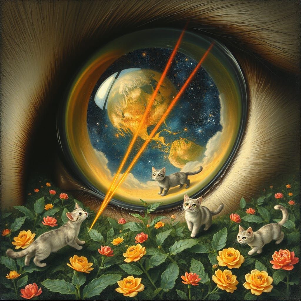 Miniature Cat World in Eye, Art Nouveau Style