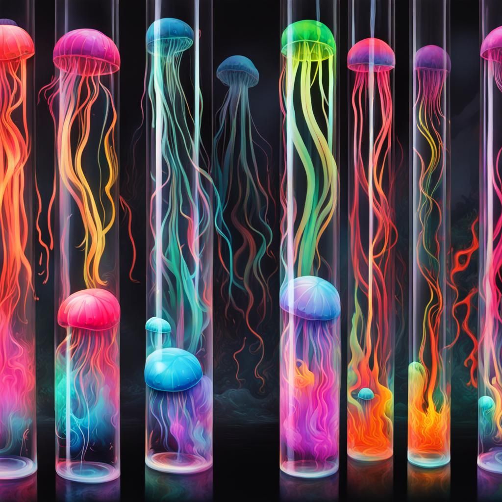 Neon Jellyfish in Glass Cylinder, Graffiti Art