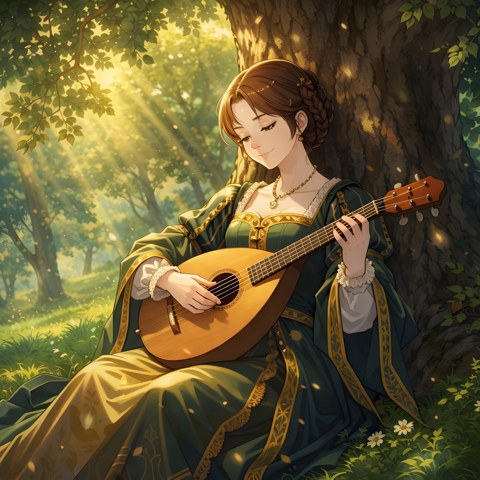 Medieval Noblewoman Plays Lute Under Oak Tree in Anime Style