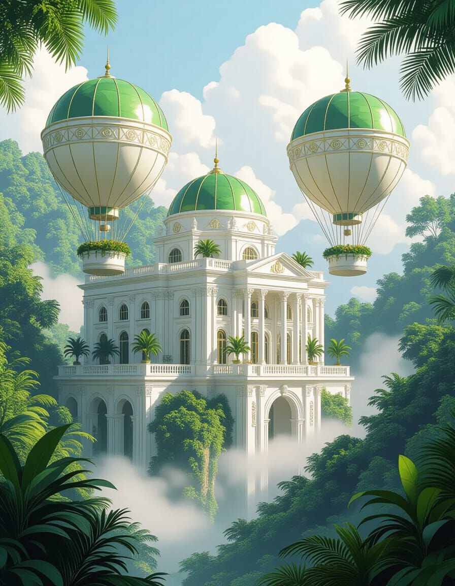 Futuristic Neoclassical Building Floating in Misty Forest