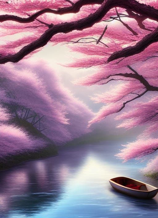 River Scene with Cherry Blossoms: Fantasy Concept Art