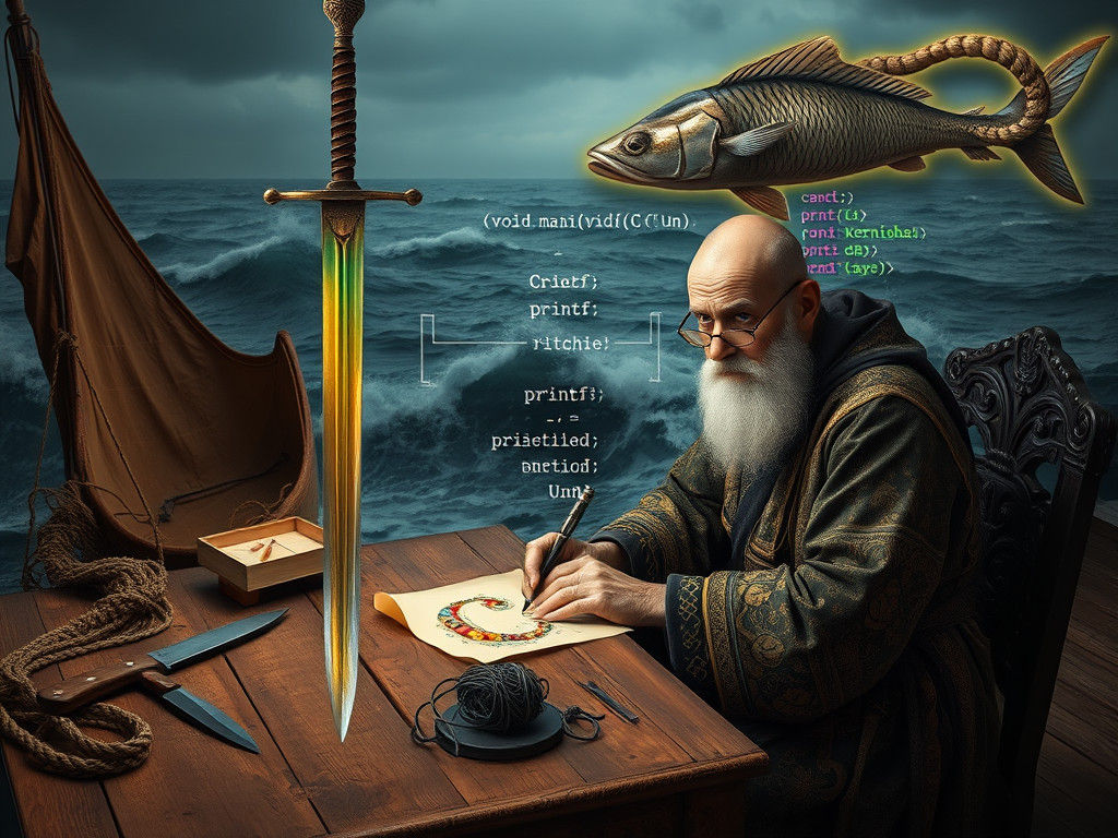 Surreal Scene: Monk Writes Letter C