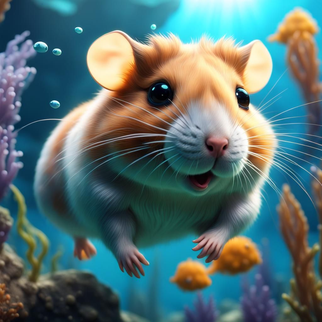 Cute Hamster's Underwater Adventure: Detailed Digital Painti...