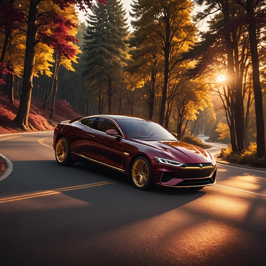 Luxury Maroon Car with Gold Trim at Sunset