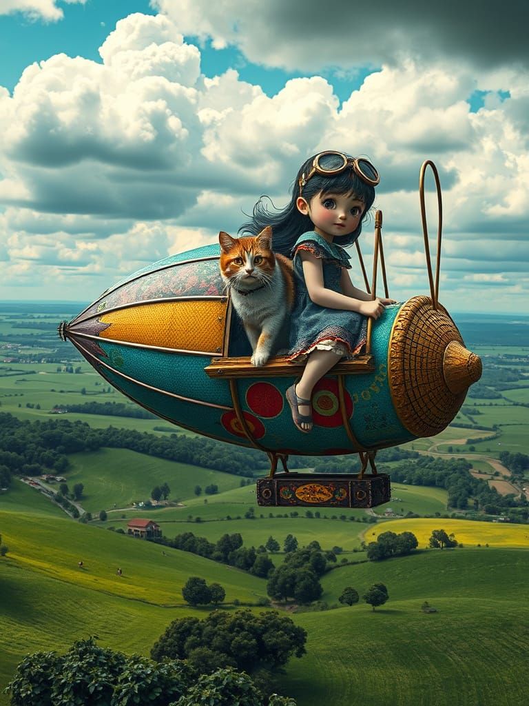 Girl and Cat on Airship in Surreal Landscape