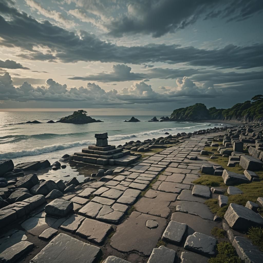 Dramatic Stone Platform by Sea in Anime Style