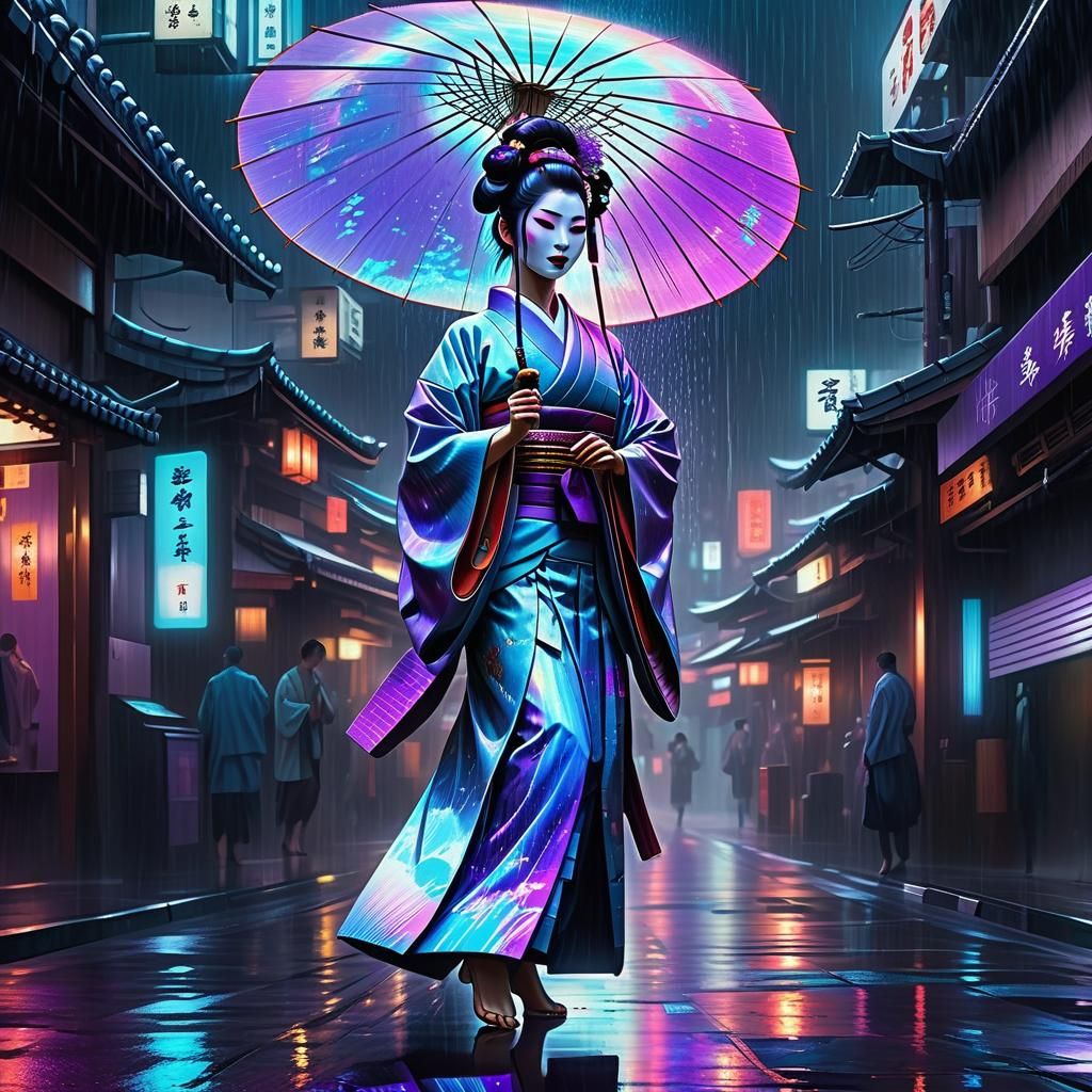 Cyberpunk Geisha Dancing in the Rain