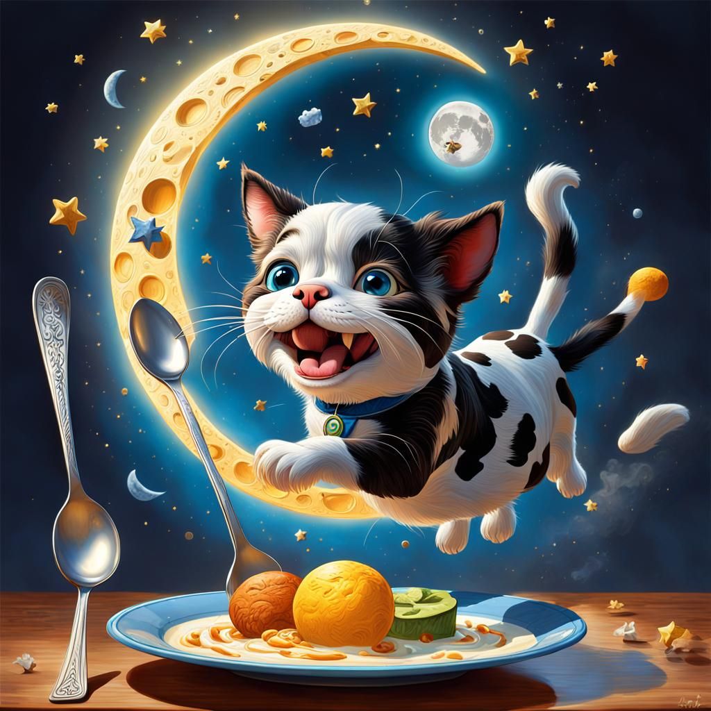 Hyperrealistic Cat and Fiddle Leaps Over Moon